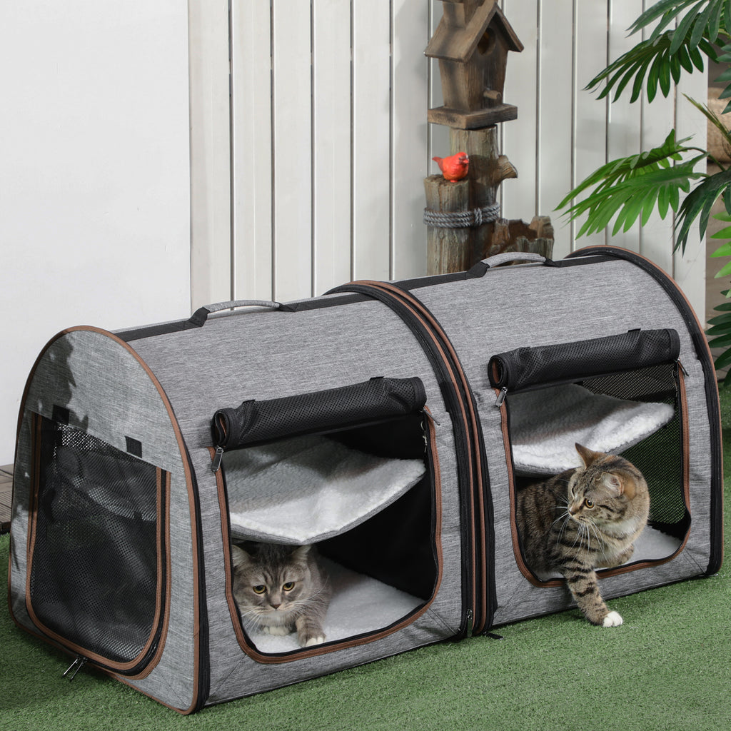 Premium Portable Soft-Sided Cat Carrier with Divider - Dual Compartments, Padded Comfort & Convenient Storage - Stylish Grey Design