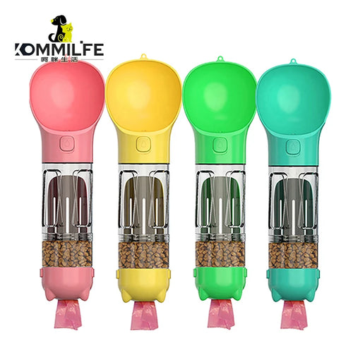 KOMMILIFE 3-in-1 Portable Pet Water Bottle & Feeder - Leak-Proof Dog Waterer with Poop Dispenser