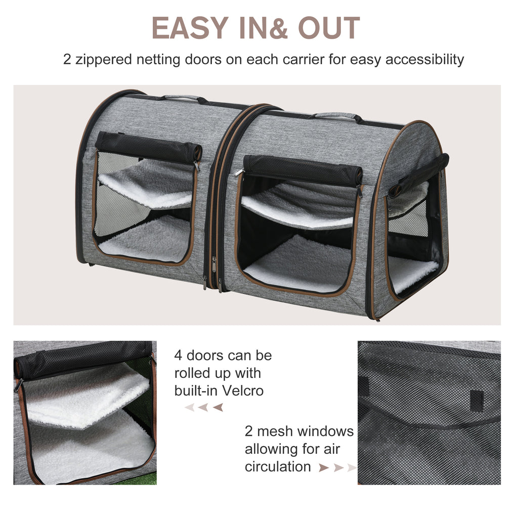 Premium Portable Soft-Sided Cat Carrier with Divider - Dual Compartments, Padded Comfort & Convenient Storage - Stylish Grey Design