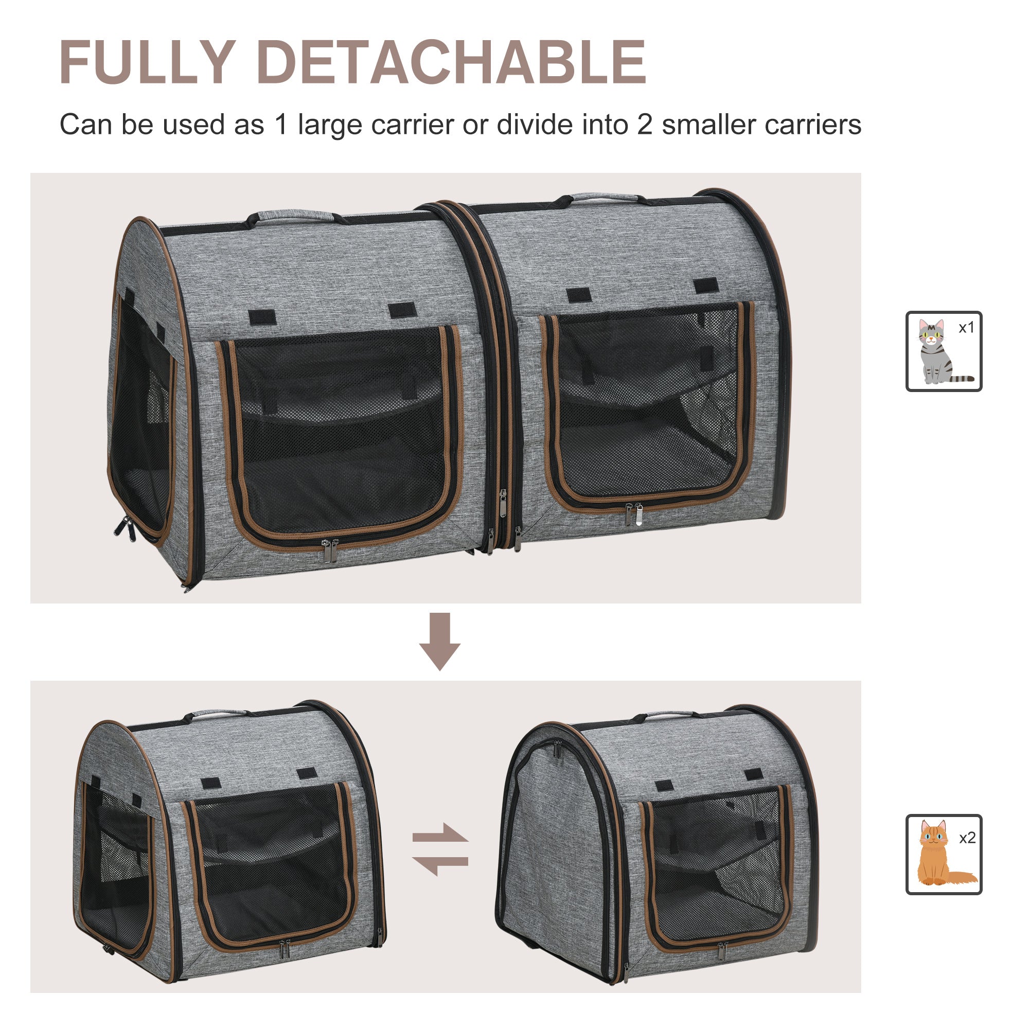 Premium Portable Soft-Sided Cat Carrier with Divider - Dual Compartments, Padded Comfort & Convenient Storage - Stylish Grey Design