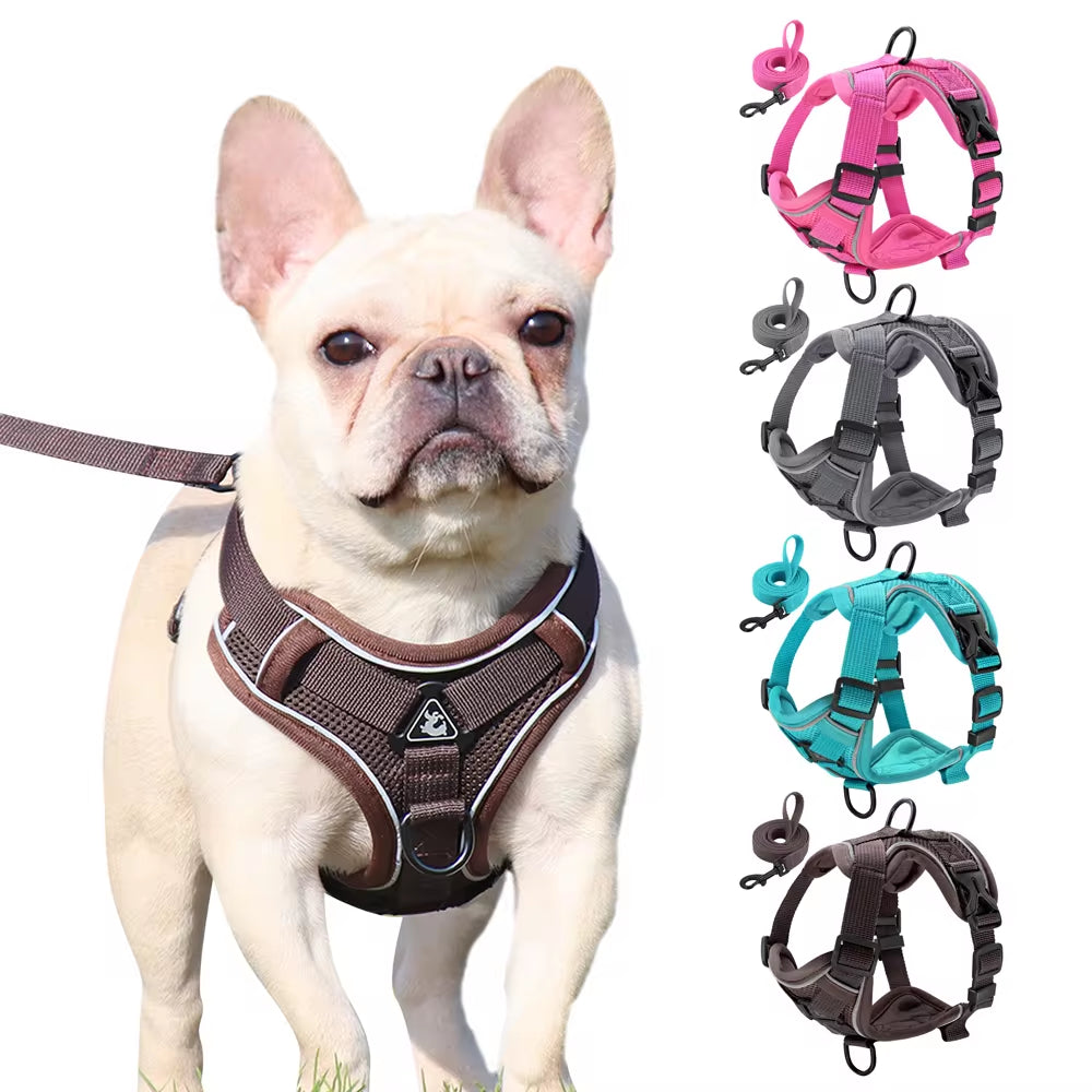 Premium Reflective Dog & Cat Harness and Leash Set - Comfortable Mesh Nylon Vest for Small to Medium Breeds, Perfect for Bulldogs and Pugs